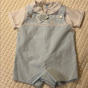 Vintage Baby Boys Light Blue Shortall Romper with White Shirt new with tag